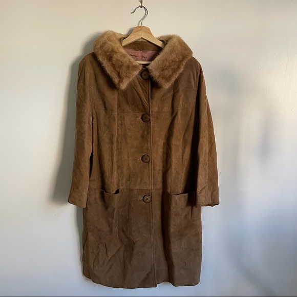VINTAGE 1960 Suede Coat Mink Collar - Satin Lined size 7 - Picture 10 of 14